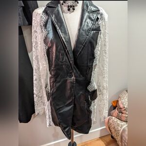 Black Faux Leather Blazer with White Lace Sleeves
